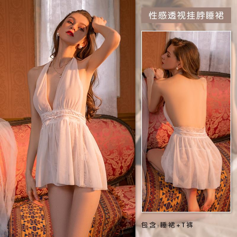 Sex underwear Sexy perspective pajamas Pure desire Hot nightclub suspender nightgown Passion temptation free suit M белый