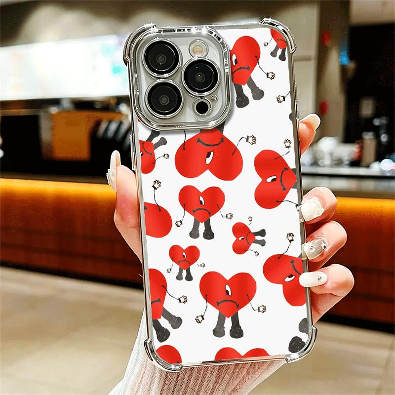 Bad Bunny Heart Plating Phone Case For Iphone 16 17 Pro Max Air 16E 14 15 Plus 12 13 Mini Anti-Fall Airabag Cover