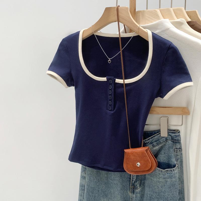 Women's Contrast Square Neck Short Sleeve Cropped T-shirt, Summer 2026 Style, Petite, Slimming, Pure Desire