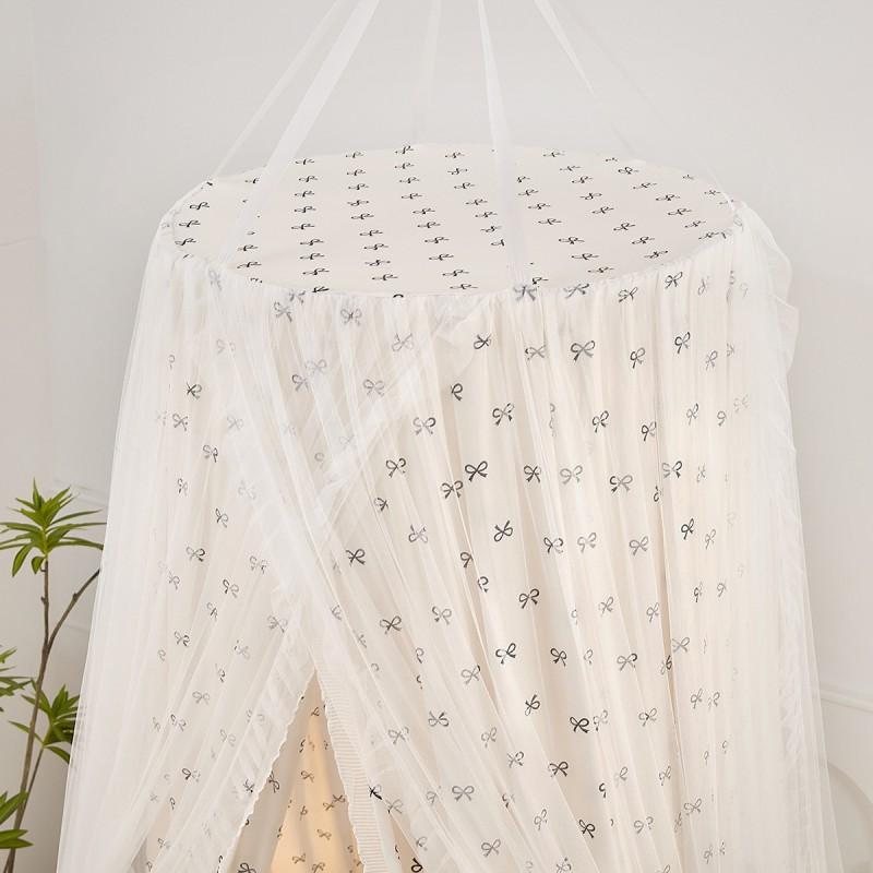 3-Door Round Mosquito Net All-in-One Bed Canopy No-Install Home Bedroom Use Breathable Gauze Bow Bear Nebula Patterns