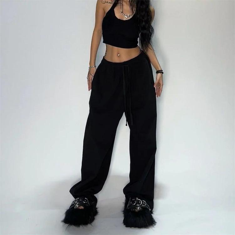 Sporty Style Ladies Casual Wide Leg Pants Elastic Waistband Loose Medium Stretch Fabric Machine Washable Ankle Pants