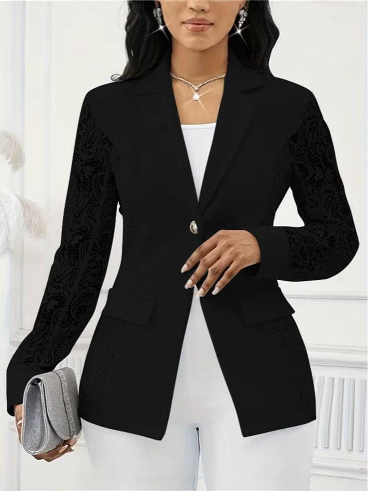 Damen Ein-Knopf Spitze Langarm Patchwork Unifarben Anzugjacke
