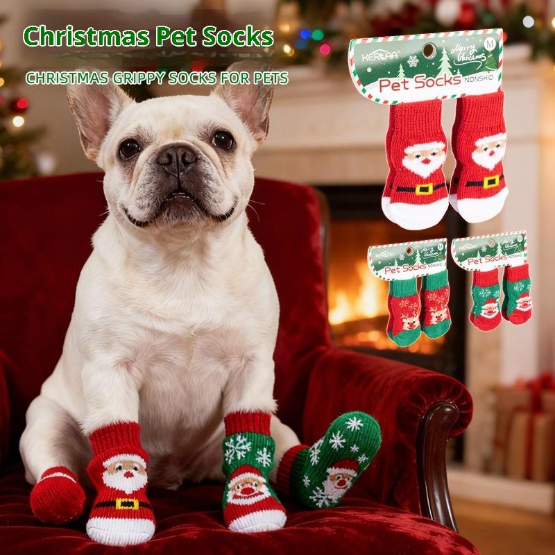 4Pcs/set Christmas Deer Snowman Pet Knitted Socks Winter Warm Indoor Wear Slip On Paw Protector Small Dogs Cat Socks Shoes