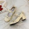 Plus Size Women's Shoes Round Toe Shallow Mouth Bow Mary Jane Small Leather Lace Fashion Square Heel Single Shoes