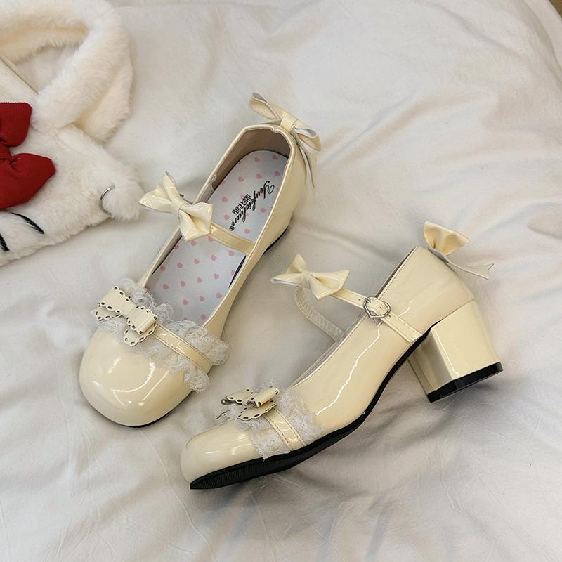 Plus Size Women's Shoes Round Toe Shallow Mouth Bow Mary Jane Small Leather Lace Fashion Square Heel Single Shoes