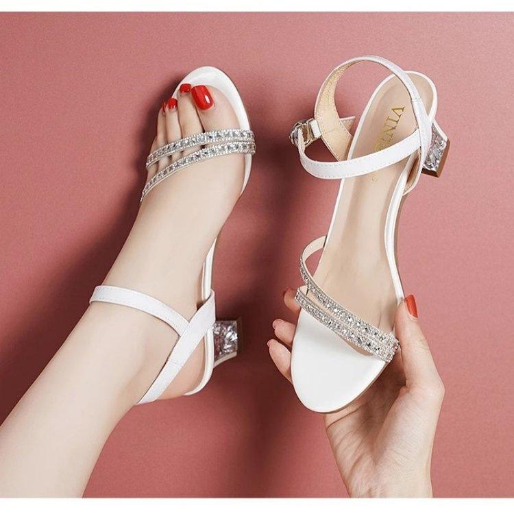 Crystal thick heel one-button open-toed sandals 2025 summer new rhinestone fashion Roman shoes wear versatile sandals