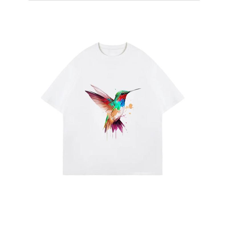 White Oversized T Shirt With Colorful Hummingbird Print For Casual Wear