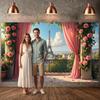 Romantic Rose Banner Balcony Scene Paris Landscape Backdrop Floral Decor Banner Green Vine Eiffel Tower Backdrop For Wedding