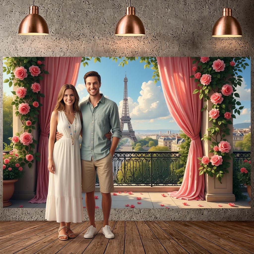 Romantic Rose Banner Balcony Scene Paris Landscape Backdrop Floral Decor Banner Green Vine Eiffel Tower Backdrop For Wedding