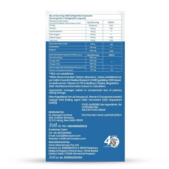 Dr. Morepen Omega-3 Fish Oil (60 Capsules) | 1250mg Triple Strength Fish Oil Softgel Capsules (450mg EPA & 300mg DHA) | For Joint & Heart Health