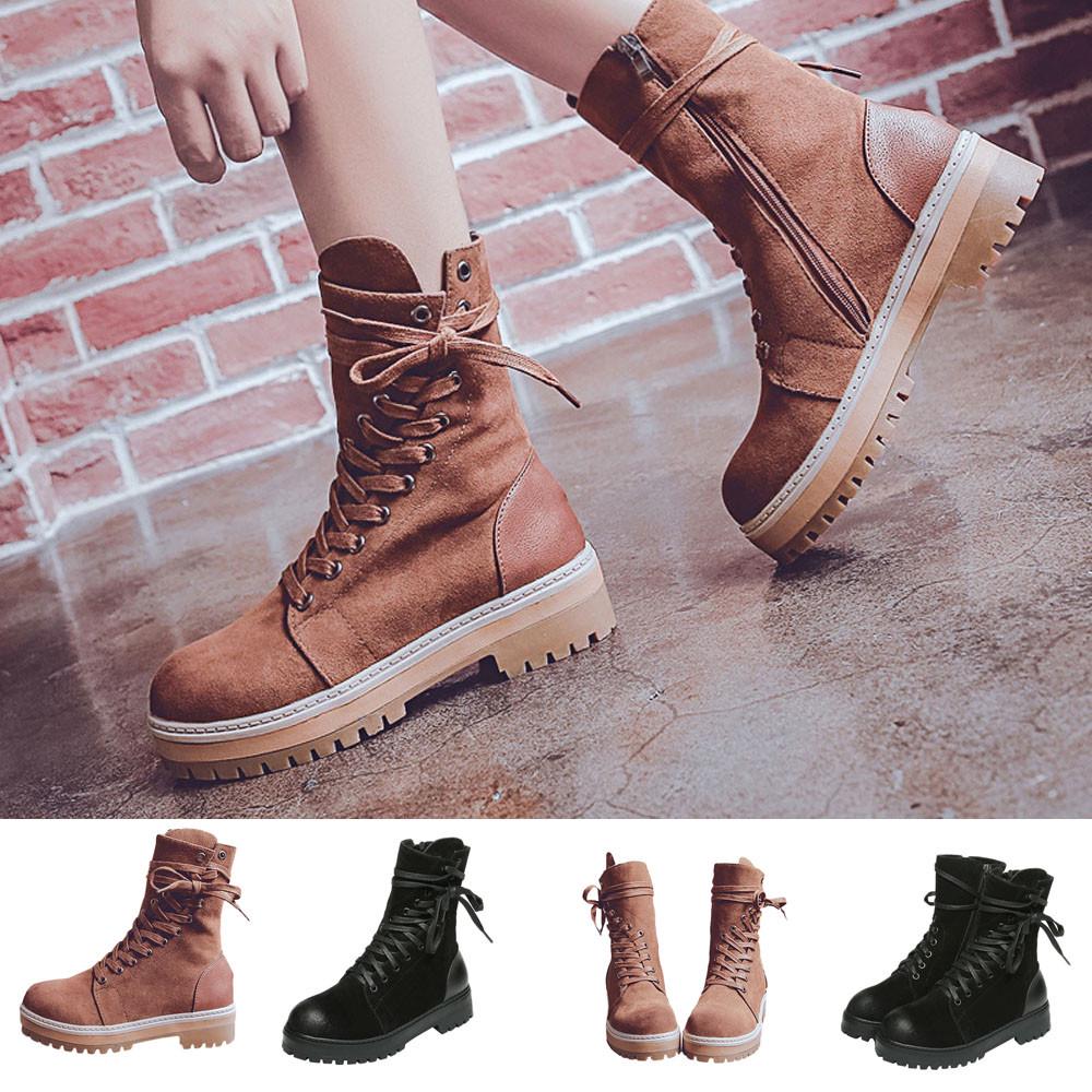 Short Tube Martin Boots Women Leisure Low-Heeled Shoe Platform Solid Color Scrub