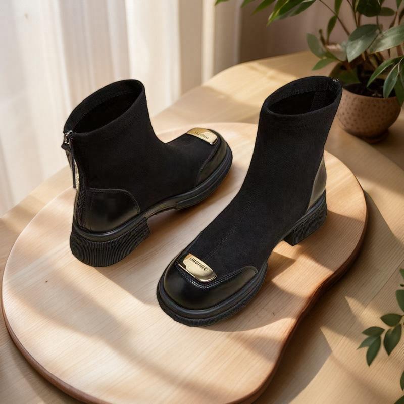 Thick-soled Boots Thick Heel Martin Boots Autumn and Winter New Small Height-increasing Splicing Short Boots Elastic Thin Boots