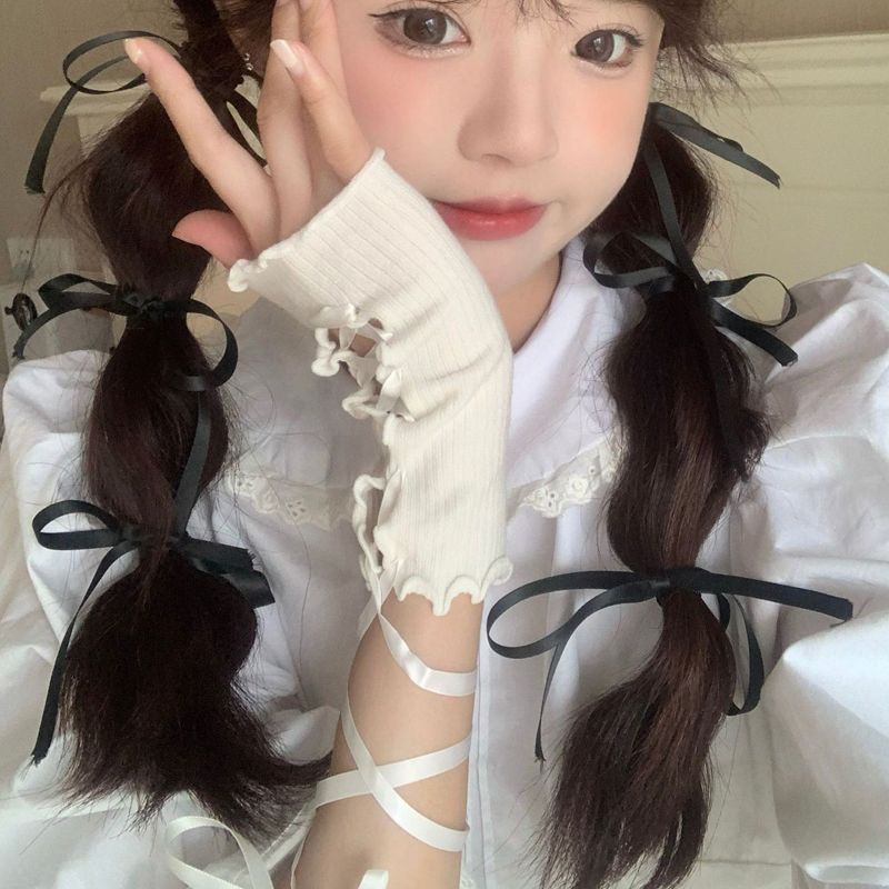 

Summer Y2g Spicy Oversleeve Girl Lace-up Wooden Ear Oversleeves Lolita JK Young Adult Hand-Made Gloves Female Sun Protection Oversleeve White All yards