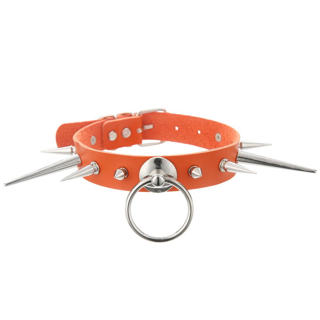 Punk Long Spike Choker Faux Leather Collar For Women Men Cool Big Rivets Studded Chocker Goth Circle Pendant Necklace Accessorie