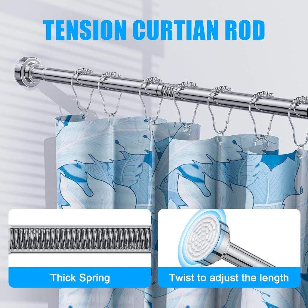 Shower Curtain Rod,27-76 Inch Adjustable Spring Tension Curtain Rod, Never Rust Anti-Slip Shower Curtain Rod for Bathroom, No Drilling, Never Collapse