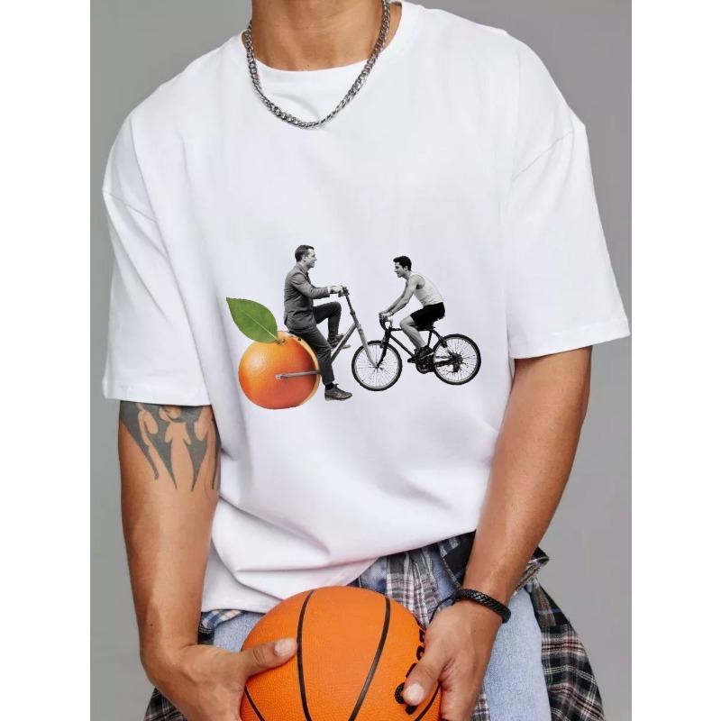 Pánské tričko s kulatým výstřihem bílé oranžové kolo cyklistika grafický potisk ležérní oblečení streetwear módní top pro každodenní nošení a outdoorové aktivity
