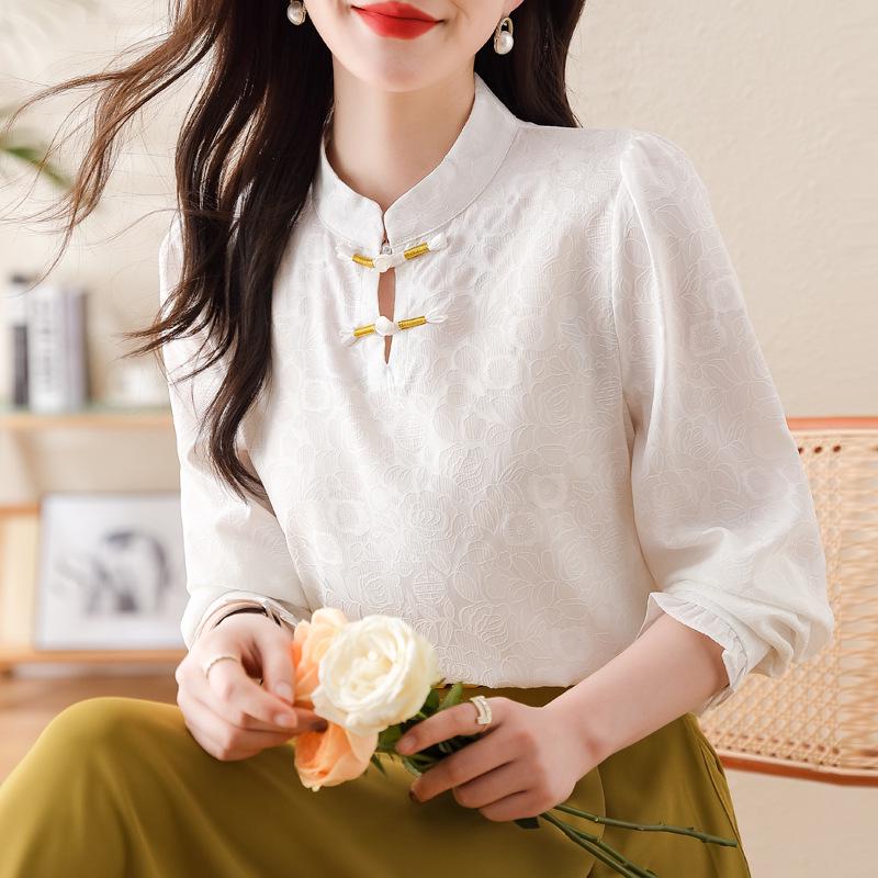 

Женская рубашка Yong 101 в стиле ретро из китайского шелка Mulberry белого цвета с длинным рукавом, закрывающая живот, застегивающаяся сверху на пуговицы. XL