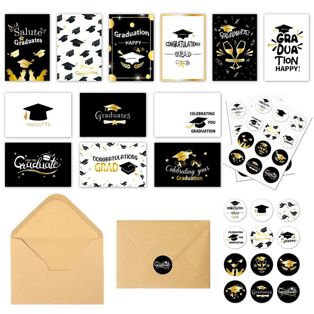 6 PCS Graduation Season Message Card,Graduation Cards Assortment, Black And Gold, Congratulations Grad With Envelope