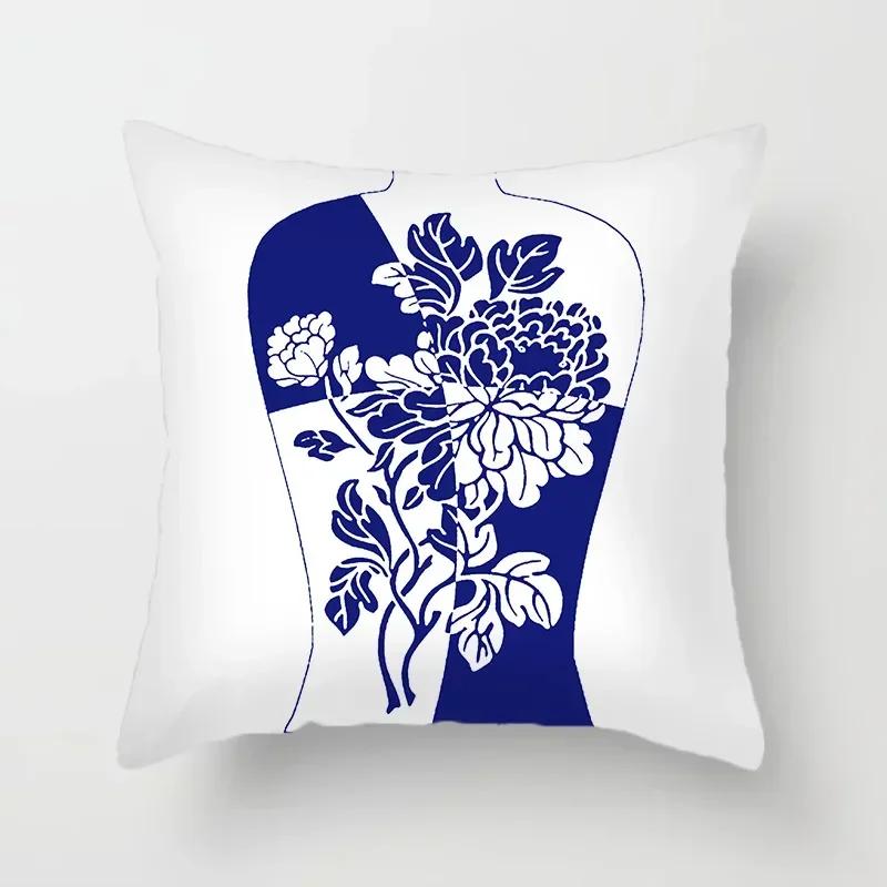 40/45/50/60Cm Blue Geometric Floral Printed Pillow Case Soft Cushion Cover For Home Sofa Car Bedroom Pillow Covers