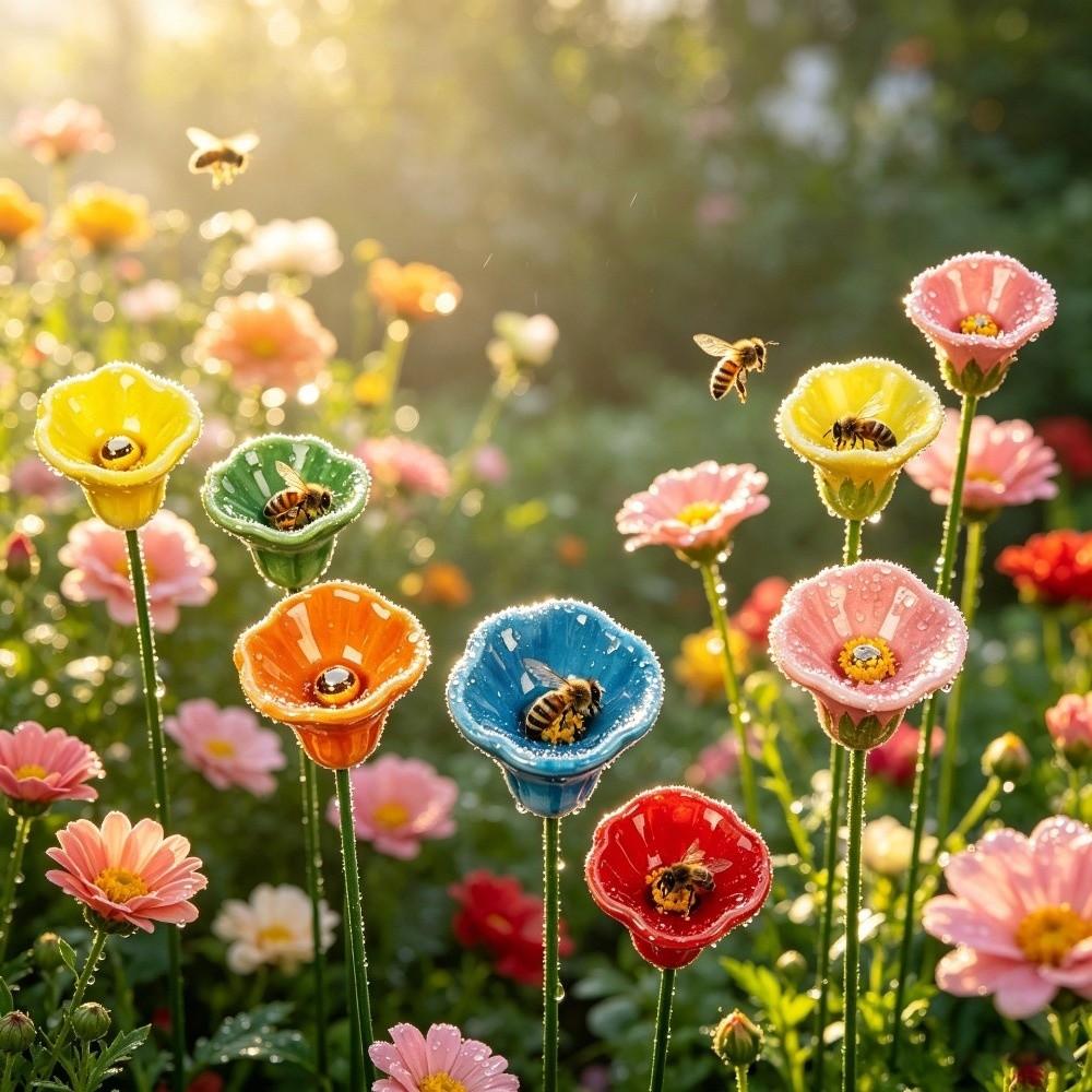 3pcs Ceramic Bee Butterfly Water Dispenser Multi-function Artificial Flower Garden