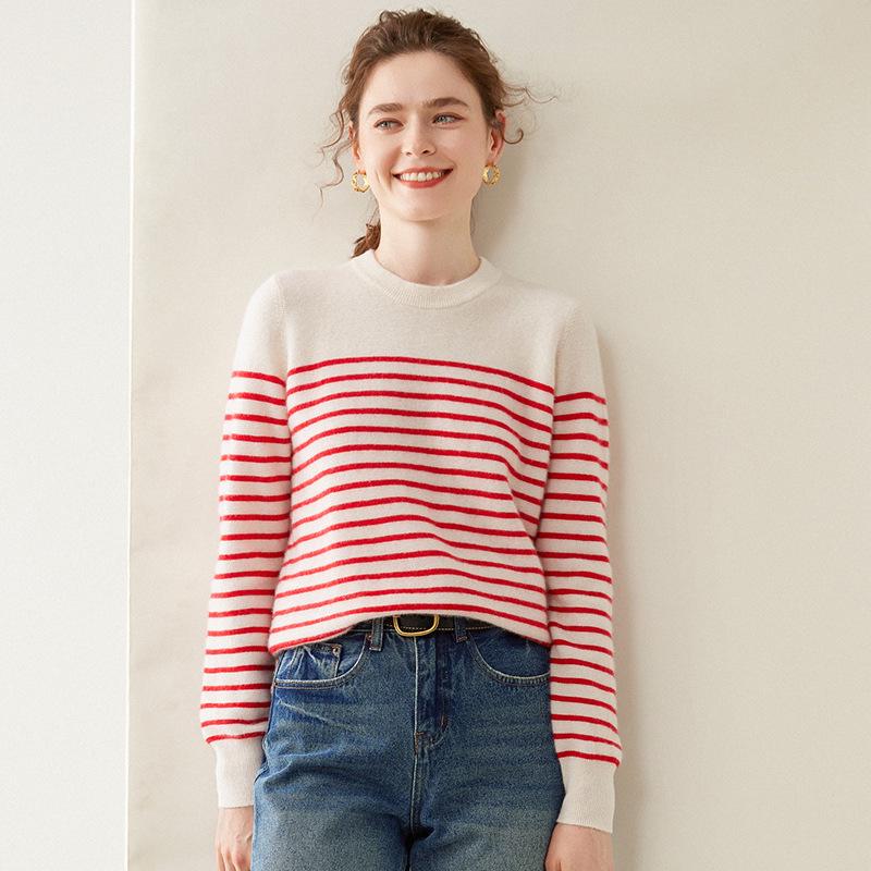 Women's Black & White Striped Round Neck Cashmere Sweater - New Autumn/Winter Style, Long-Sleeved, Color-Block Knit, Regular Fit.