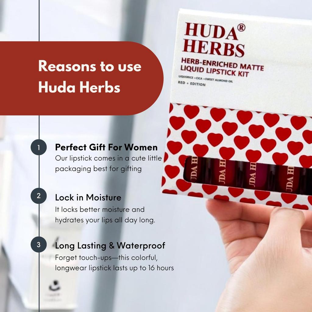 HUDA HERBS Liquid Lipsticks for Women - Set of 5 Paraben & Silicon Free, Matte, Long Lasting, Waterproof, Smudge Proof Mini Lipstick combo, Perfe