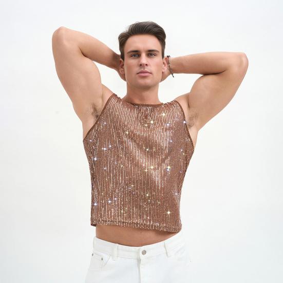 Herren Pailletten Weste Funkelnd Rundhals Ärmellos Shirt Durchsichtig Sexy Tanktop für Musikfestival Rave Nachtclub Bar Party