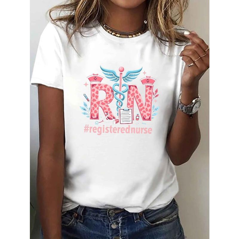 Plus Size, Plus Size - Plus Size - Women s RN Pattern T-Shirt with Logo Professional Nurse Print - Bright Green Short Sleeve Round Neck Casual Top, S белый