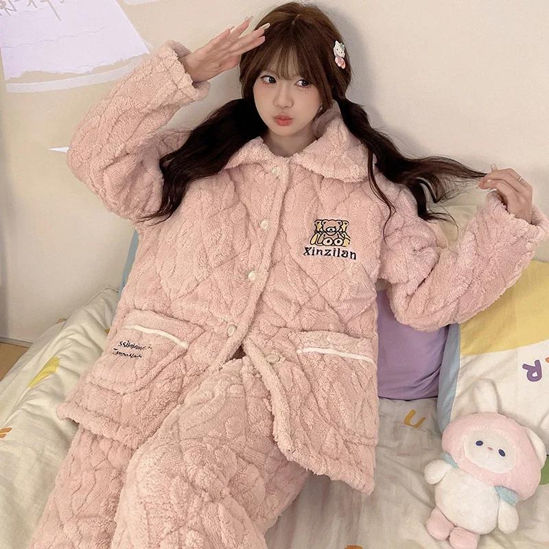 Winter Flannel Warm Nightwear for Young Girl Cardigan Lapel Pajamas Set Coral Fleece Warm Homewear Three-layer Pajamas Set