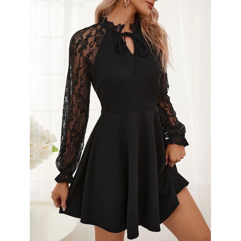 Lace Lace-Up Long-Sleeved Dress