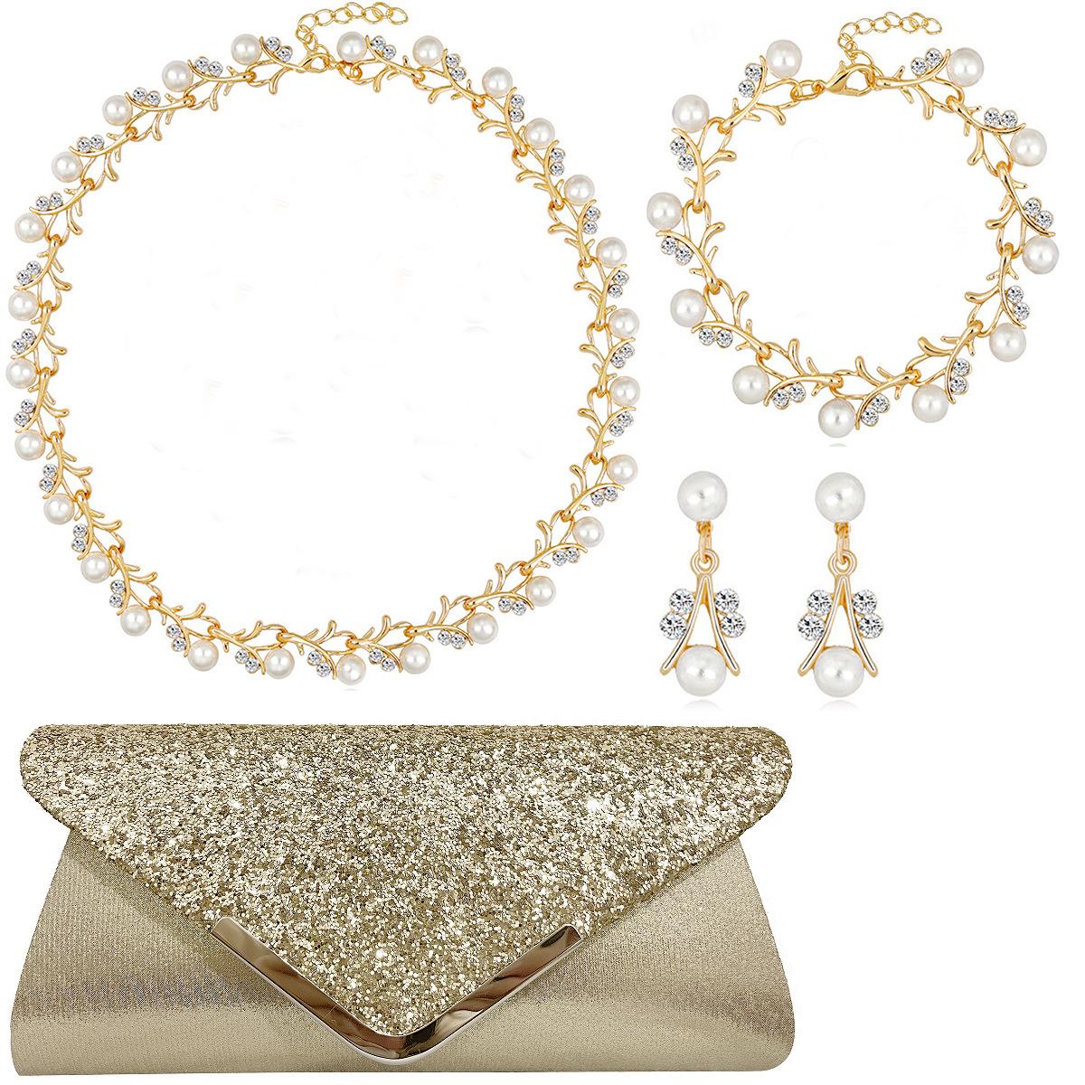 

Жемчужное ожерелье из сплава с листьями, серьги с бриллиантами, роскошный набор сумок для ужина, свадебное платье, универсальные аксессуары для женщин золотой