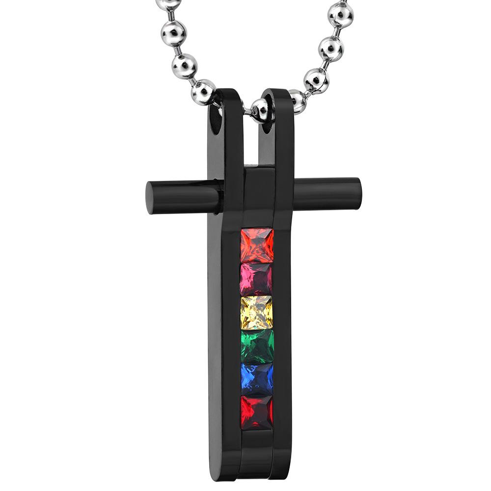 European and American Colorful Cross Rainbow Seven-color Splicing Versatile Titanium Steel Couple Pendant Necklace for Women