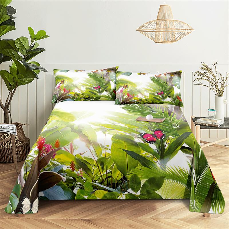 Green Plants Queen Sheet Set Girl, Lady's Room Leaf Bedding Set Bed Sheets And Pillowcases Bedding Flat Sheet Bed Sheet Set