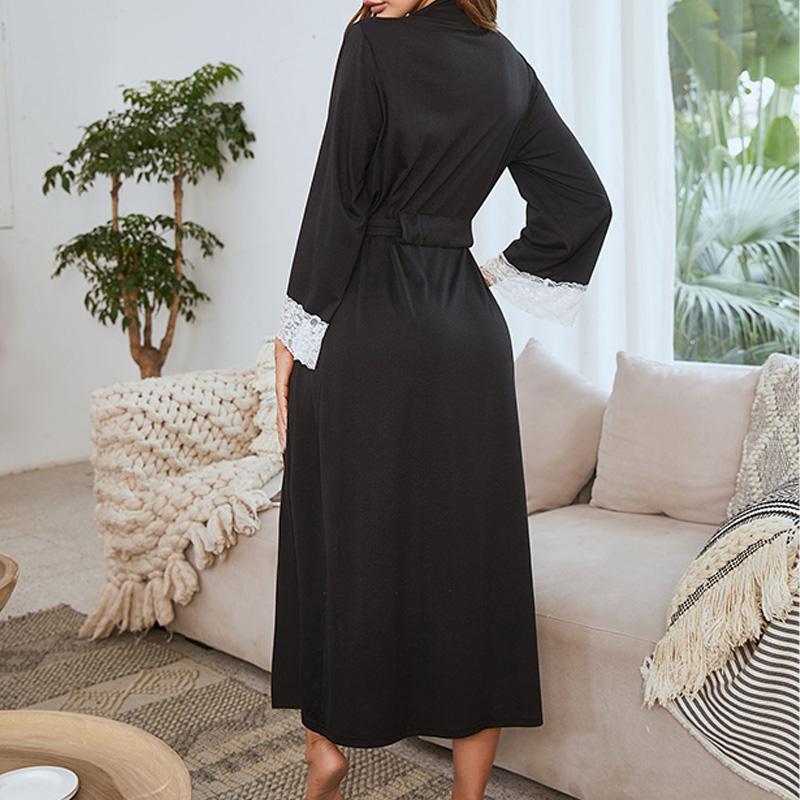 Vestaglia Kimono da Donna con Bordi in Pizzo, Manica Lunga, con Cintura, Loungewear, Pigiami, Accappatoio