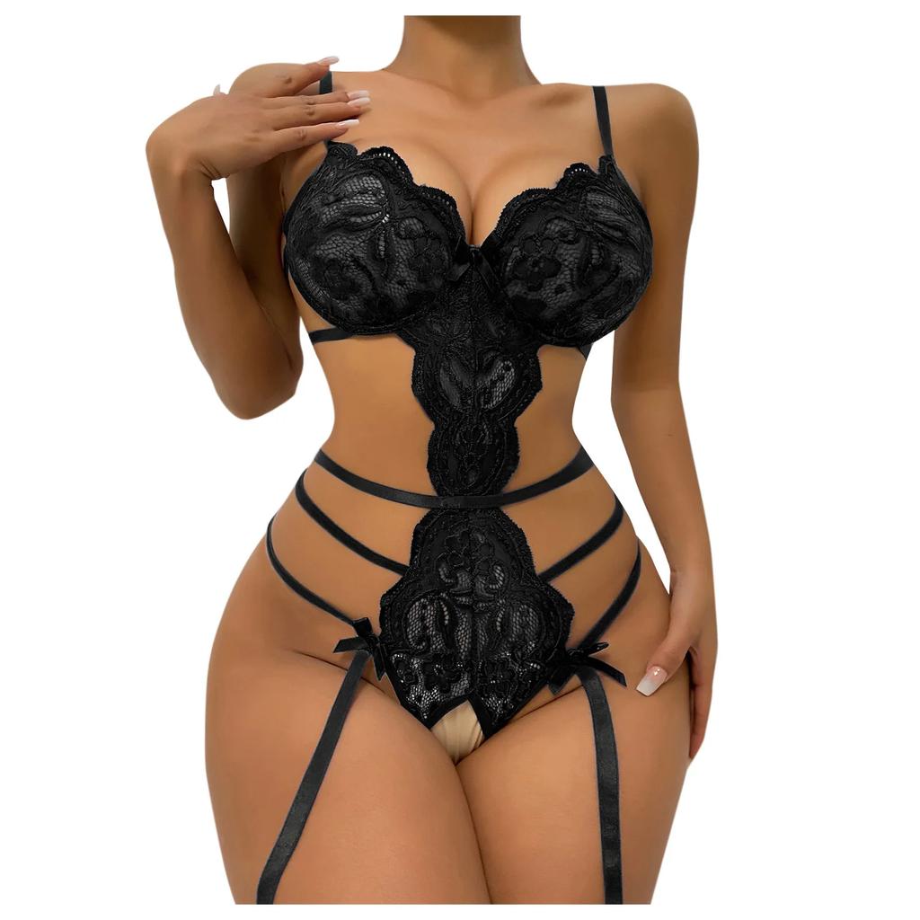 Hot Erotic Sexy Lingerie Set Women Push Up Bra Garter Set Lace Backless Straps Transparent Underwear Sets Plus Size Lenceria
