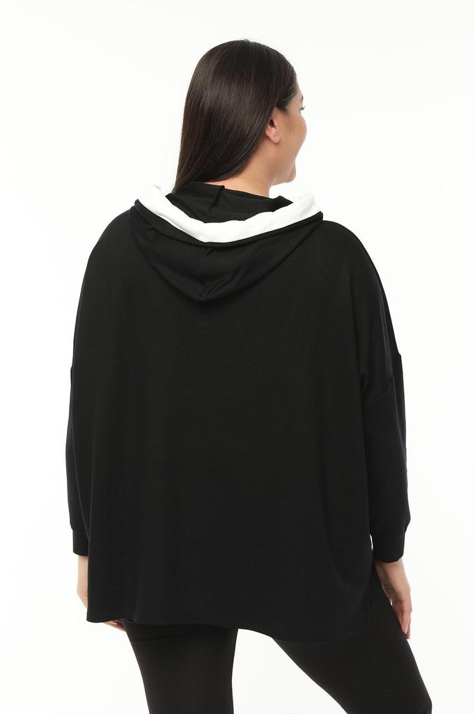 Damen-Sweatshirt in großen Größen, großes, besonders bequemes, farbiges schwarzes Sweatshirt mit Kängurutasche