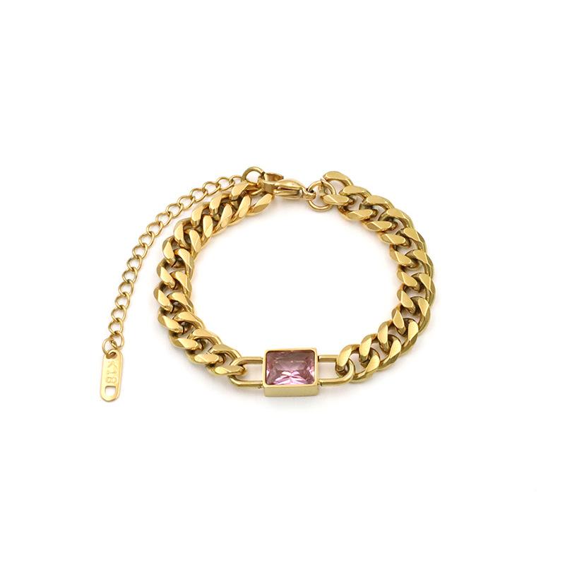 18K Gold Cuban Chain Square Zircon Bracelet, High-End Niche Color Zircon Titanium Steel Bracelet Jewelry.