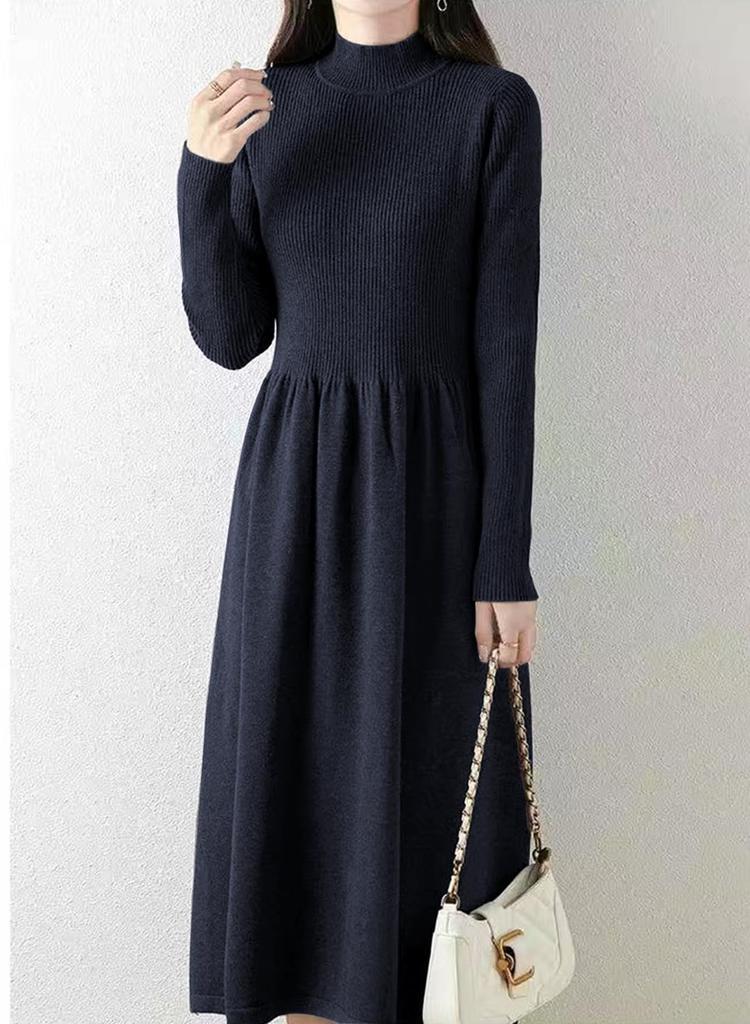 Yino Knit Midi Long High Slim Everyday Women's Dress, Sleeves, Flared, Waist, Fit, Stretchy, Slimming, Figure-Flattering, Warm, Cute, Stylish, Wear,