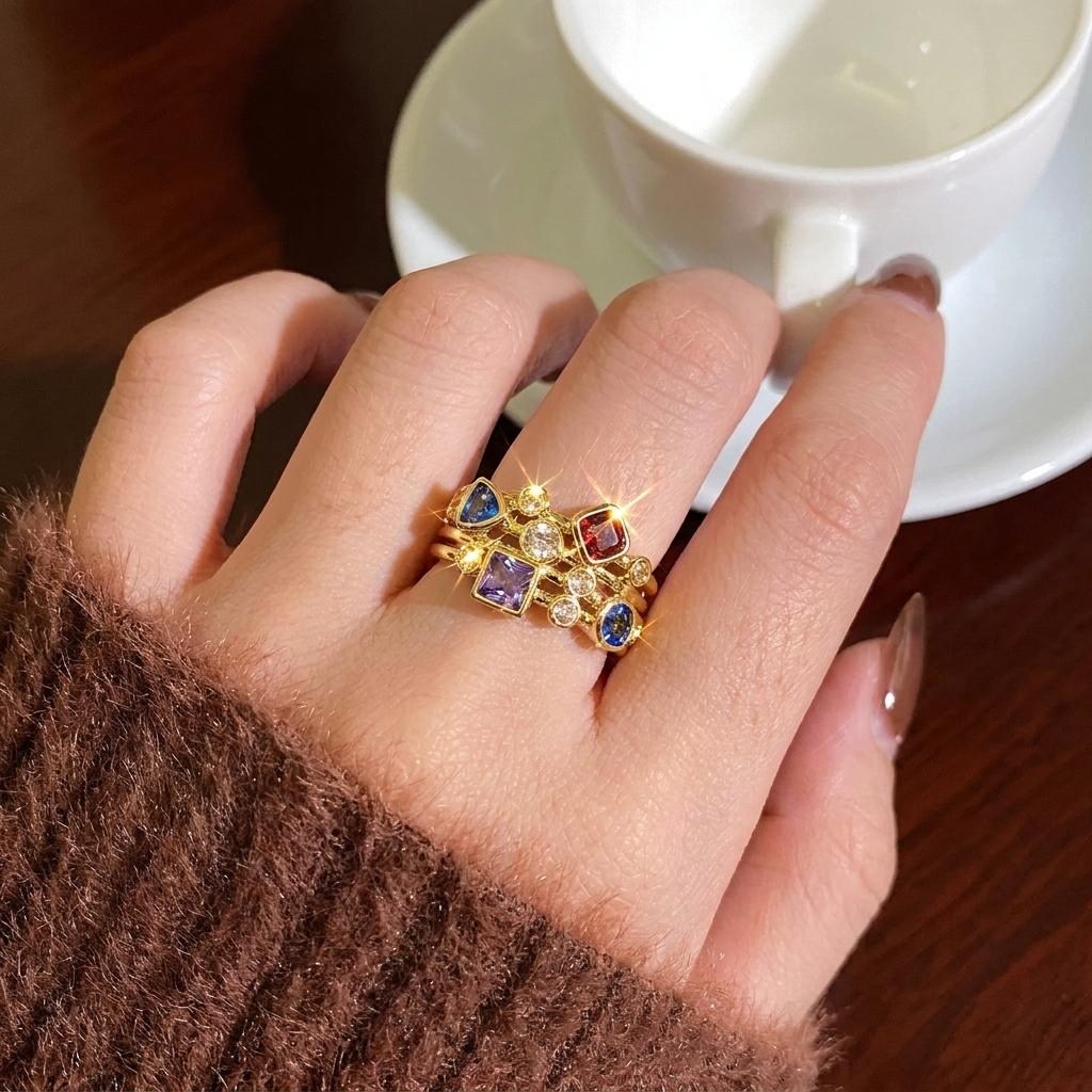 Vintage Geometric Colorful Zircon Rings For Women Luxury Gold Color Copper Knuckle Ring Female Wedding Party Charm Jewelry Gift