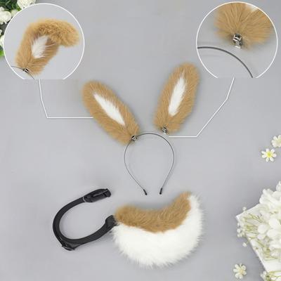 Rabbits Tail with Hairband Set Plush Animal Tail Rabbits Ears Headwear Halloween Cosplay Accessories for Parties