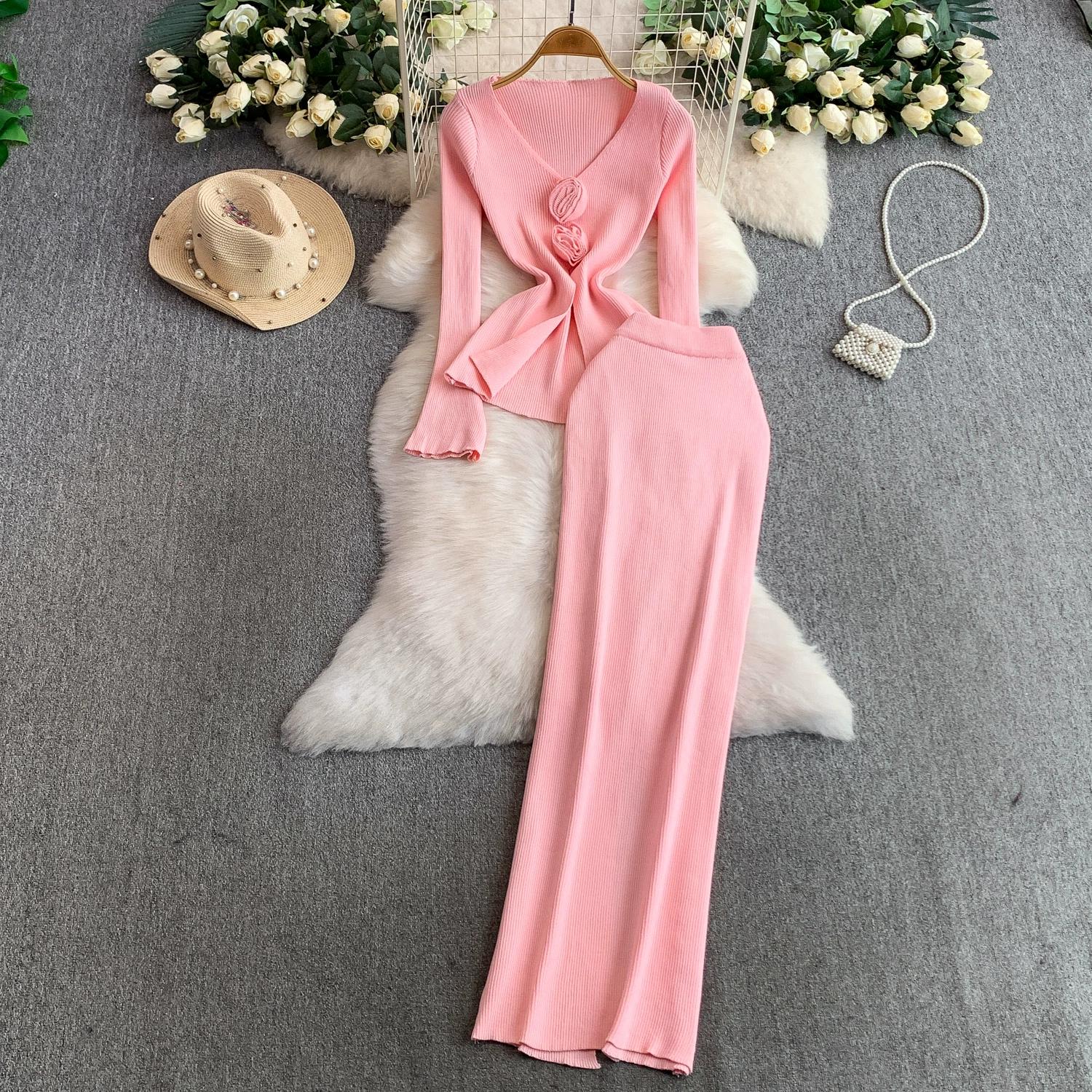 

Весенне-осенний женский элегантный вязаный свитер, офисный комплект из двух частей, пуловер с V-образным вырезом и 3D-цветком, топ и длинная юбка-макси футляр One size