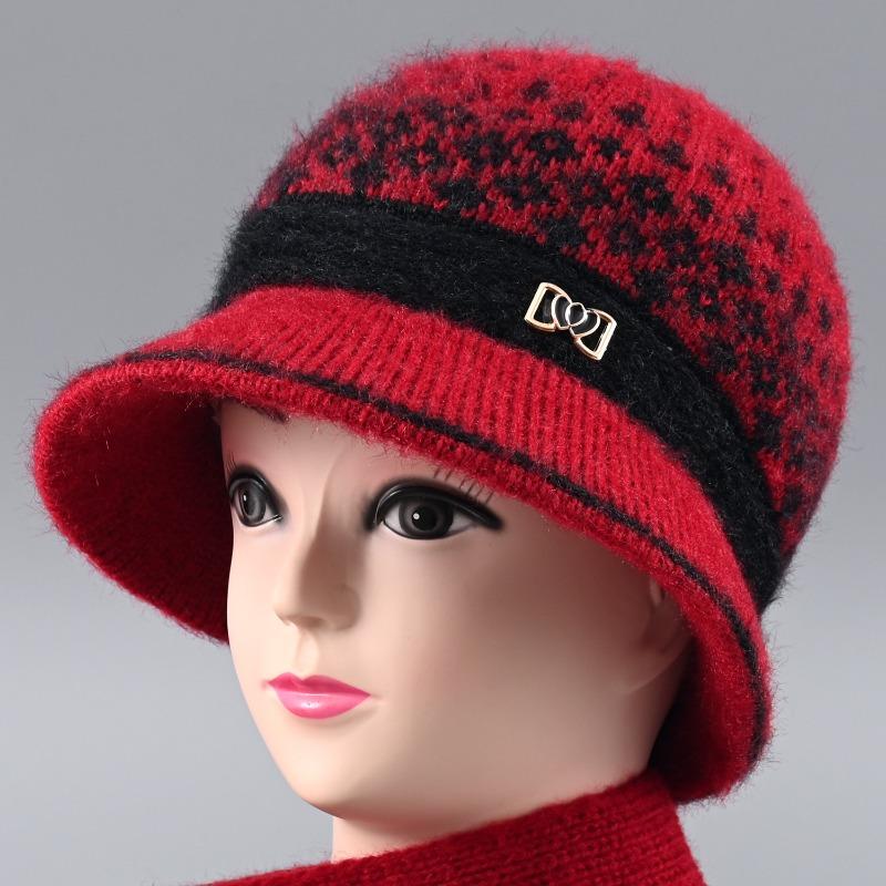 Hat Female Autumn and Winter Rabbit Hair Big Eaves Knitted Hat Old Hat Old Lady Fleece Warm Wool Hat