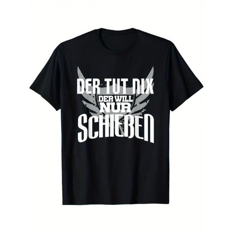 Men's Funny German Saying T-Shirt - "He Does Nothing But Shoots" (Der Tut Nix Will Nur Schießen) - Black with White Text & Bullet Casings Design -