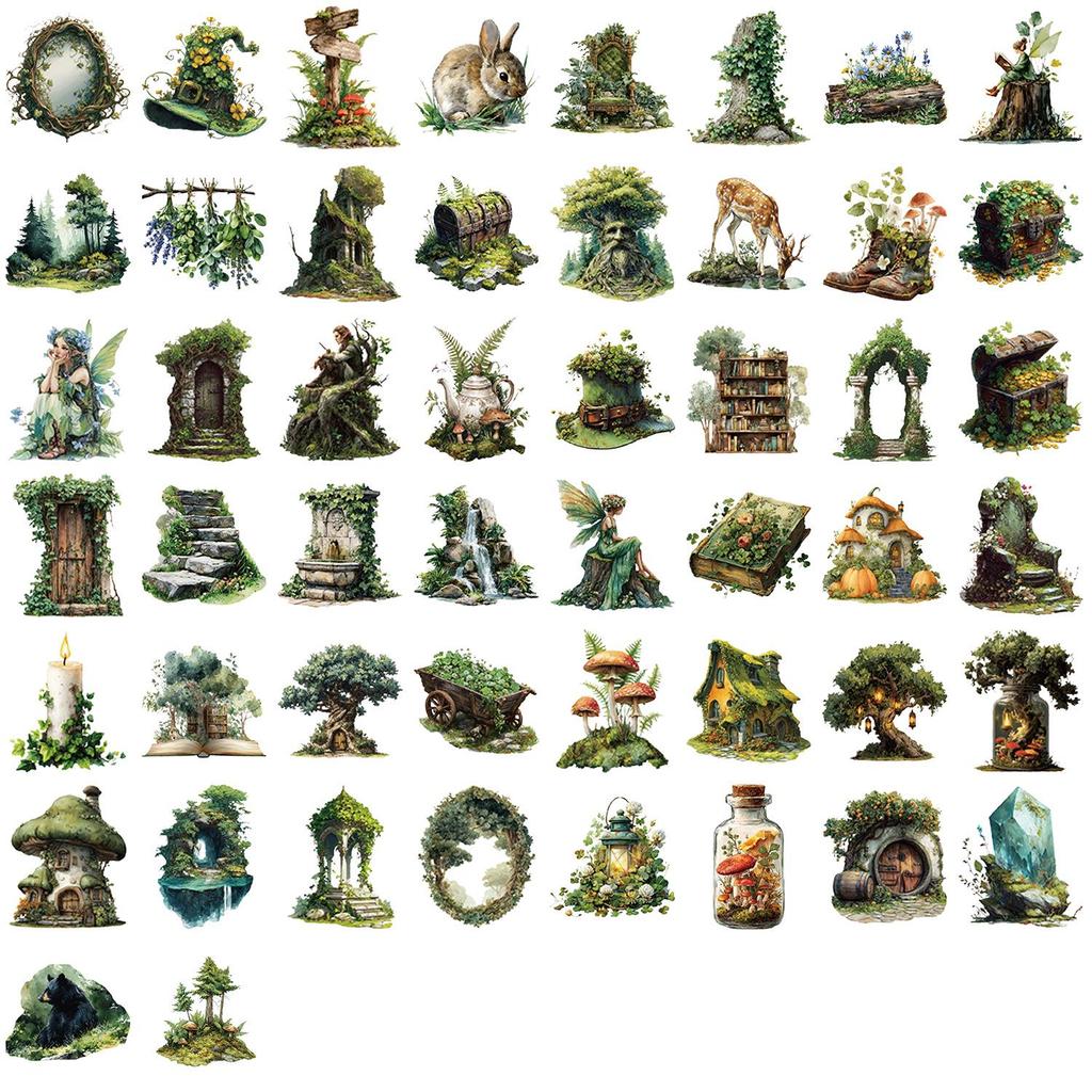 50 Forest-Themed Green Cartoon Stickers: Transparent, Waterproof for Journals, Phones, Luggage Decor