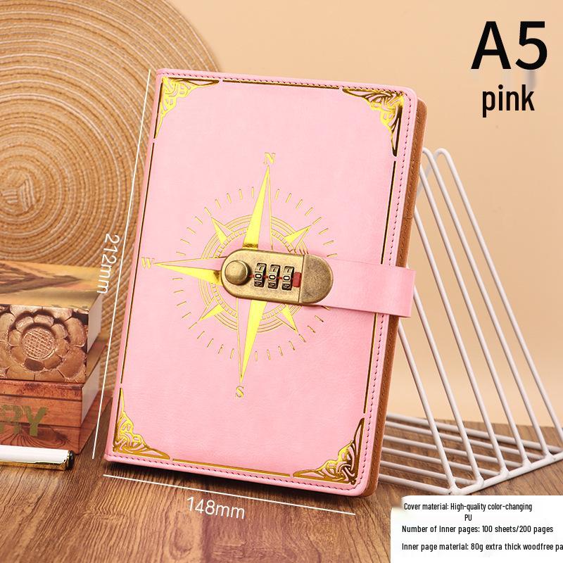 A5 Vintage Lockable Password Notebook - Thick Student Writing Diary