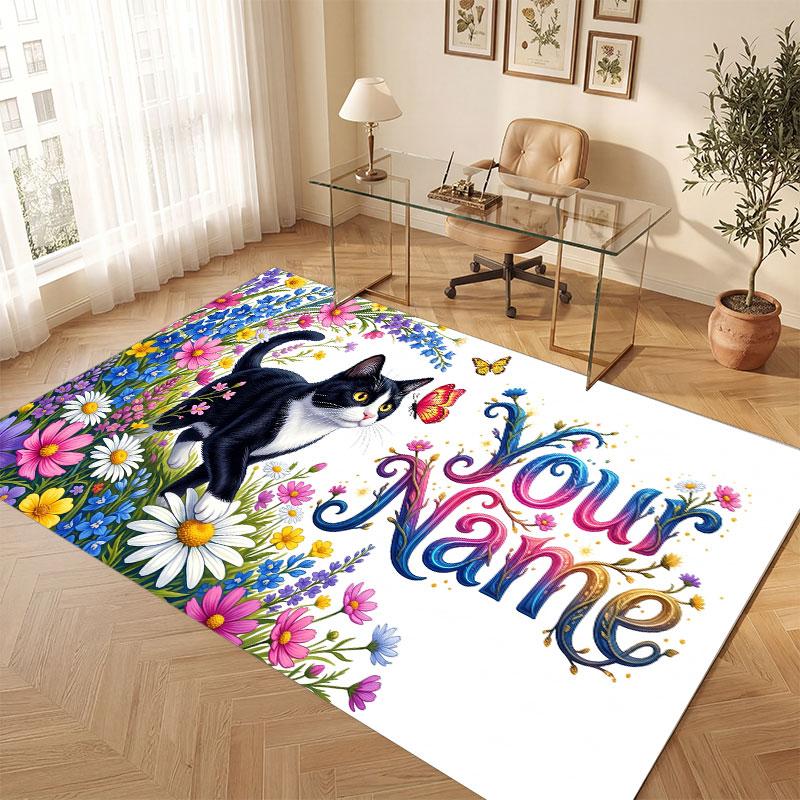 Cat Theme Crystal Velvet Floor Rug Personalized Custom Name Text Warm Carpet Home Decoration