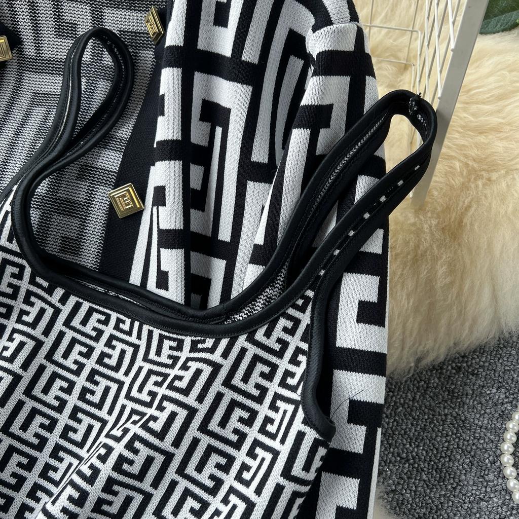 Autumn Winter Vintage Designer Print Knitted Sweater Pant 3 Piece Set Women Tracksuit Long Sleeve Cardigans Vest Ankle Length Trousers Outfits