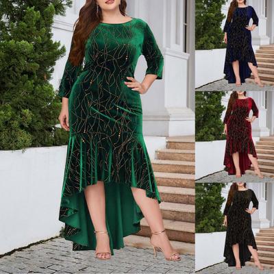 Women's Fashion Color Round Neck Plus Size 3/4 Sleeve Maxi Long Velvet Dress