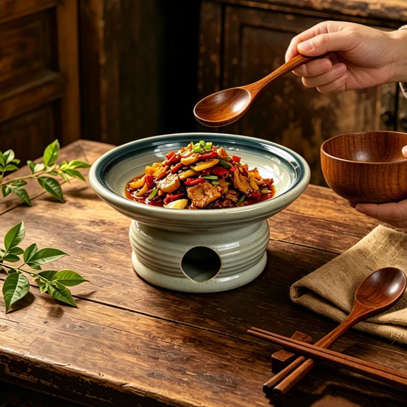 Retro Ceramic Tableware: Earthen Pot with Alcohol Stove for Warming Dishes