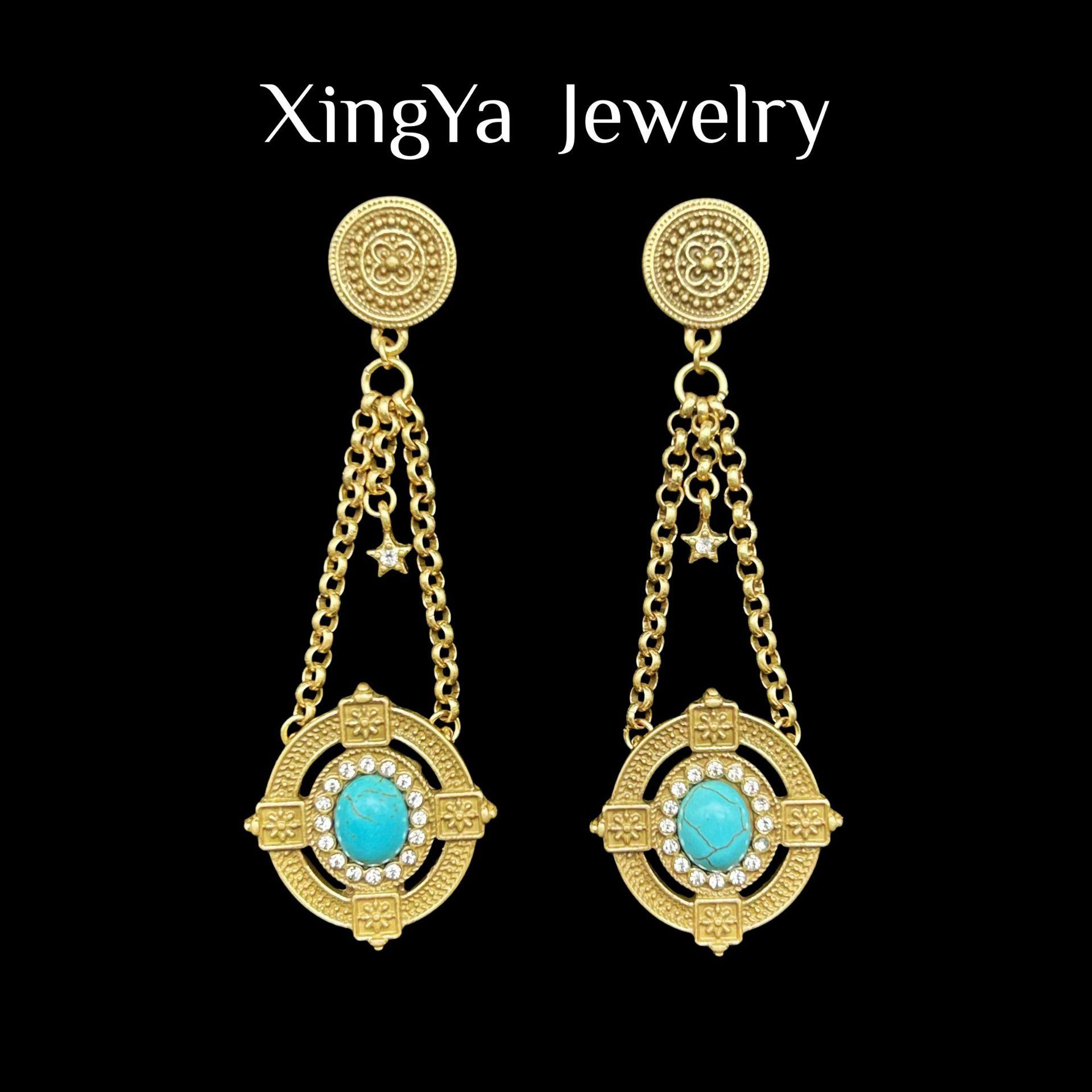 Vintage Retro Vacation Ethnic Style Oval Turquoise Inlaid Temperament Tassel Earrings